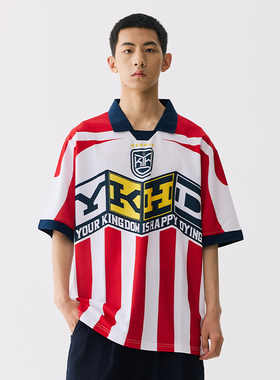 YKHD美式条纹运动休闲街头风宽松复古球衣短袖T恤上衣夏blockcore