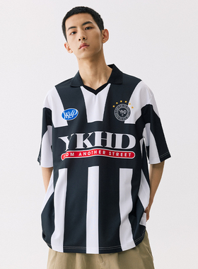 YKHD夏季黑白条纹polo领复古球衣美式街头风宽松运动短袖足球队服