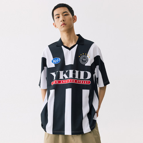 YKHD夏季黑白条纹polo领复古球衣美式街头风宽松运动短袖足球队服
