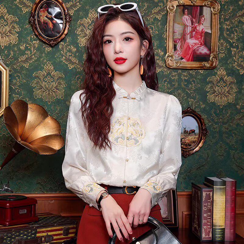 中国风立领刺绣旗袍女士春装新款雪纺衬衫百搭打底衫盘扣长袖上衣