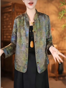 国风香云纱云锦缎开衫外套女2025春秋新款烟紫色时尚提花宽松上衣
