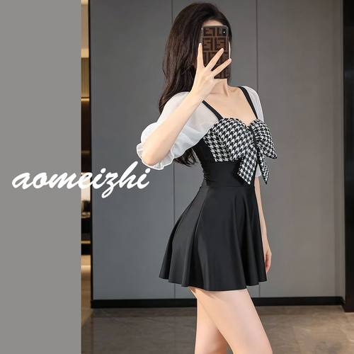 泳衣女纯欲性感高级感大码连体泳装遮肚显瘦分体保守蝴蝶结泡温泉