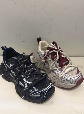 美拉女鞋99901松糕网面拼色厚底2024秋款圆头透气休闲运动老爹鞋