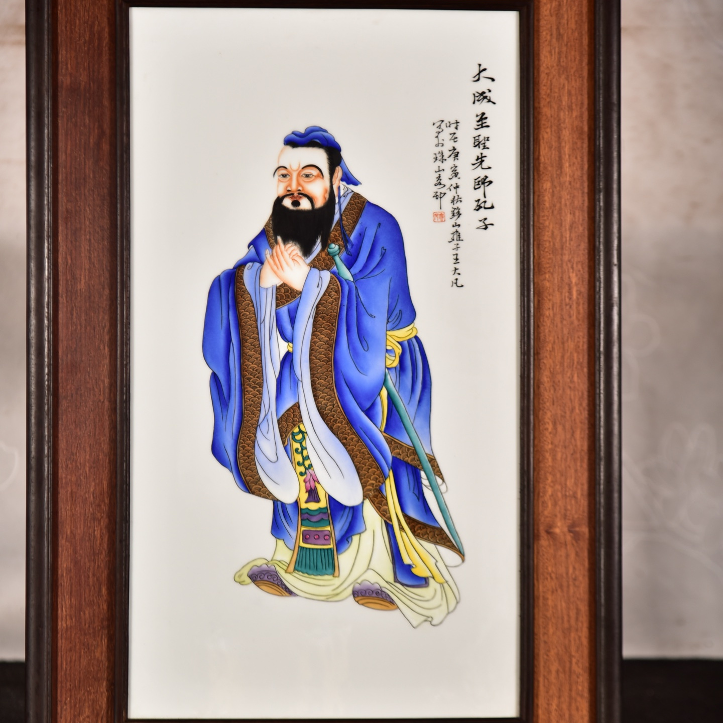 景德镇红木镶瓷板画中堂古典装饰