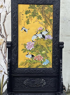 古玩杂项旧藏红木镶黄底瓷板画
