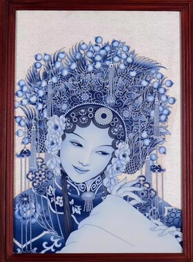花梨木镶青花瓷花旦挂屏实木画框
