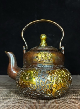 古玩花梨木镶珐琅彩福禄茶壶