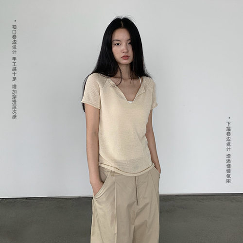 进口和纸纱V领卷边针织短袖T恤女新款老钱风显瘦百搭镂空透气上衣