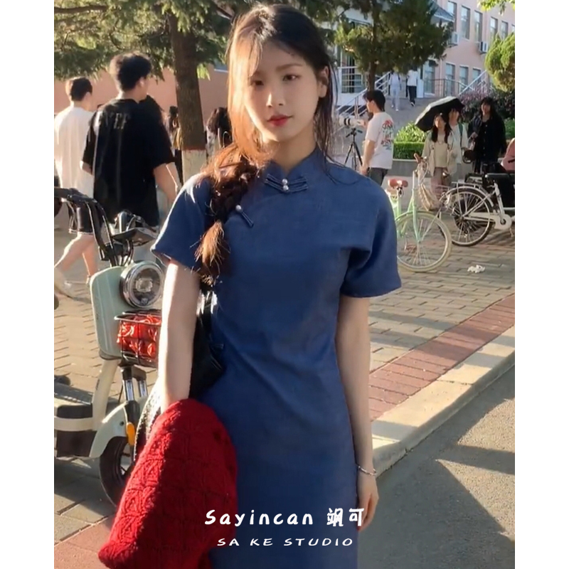 Sayincan民国风蓝色学生改良旗袍女夏季新中式修身小个子连衣裙潮