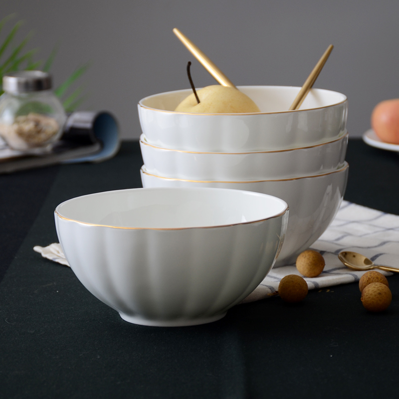 碗家用4人 骨瓷碗金边饭碗6.5英寸南瓜碗家用欧式面碗创意白瓷碗