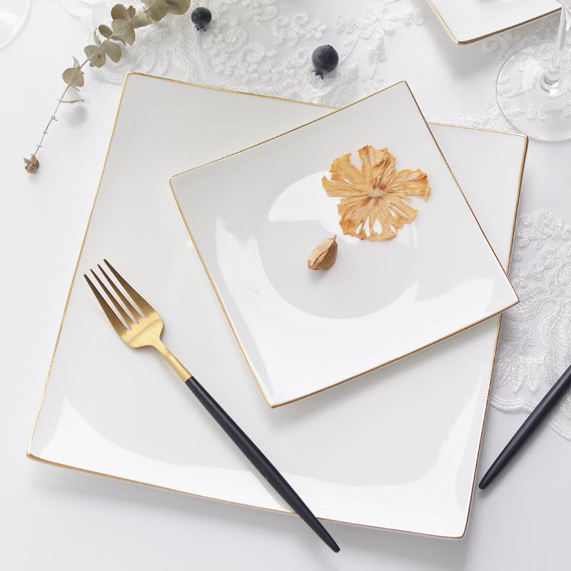 金边白色四方形8英寸平盘西餐盘
