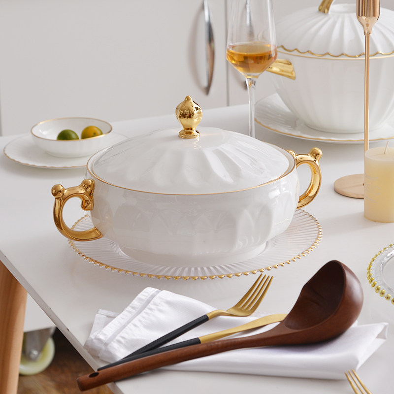 轻奢欧式金边骨瓷大汤锅家用双耳盛汤盆餐厅酒店汤碗大号品锅有盖,餐饮具,碗,淘宝优惠券,粉丝福利购,淘宝优惠卷