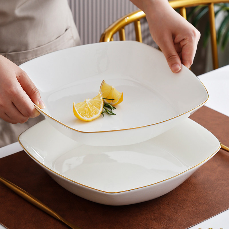 御陶世家骨瓷金边10英寸四方深盘