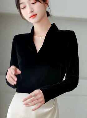 leevee丽维秋冬V领黑色橙色衬衫T恤女新款韩版金丝绒长袖修身打底