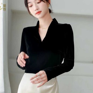 修身 leevee丽维秋冬V领黑色橙色衬衫 金丝绒长袖 T恤女新款 打底 韩版