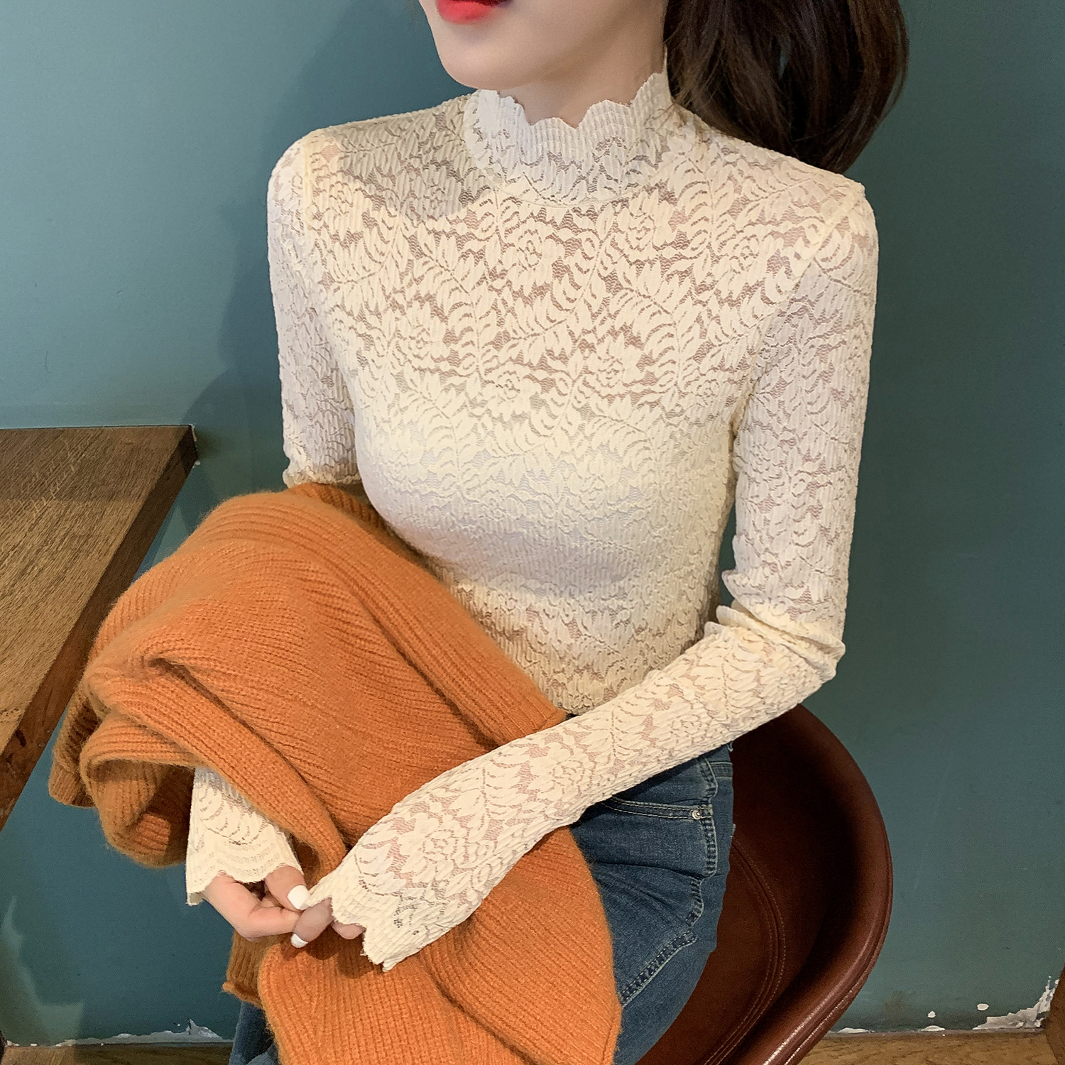 Fall new French style retro slim standing collar temperament lace shirt sexy feminine foreign style bottoming top