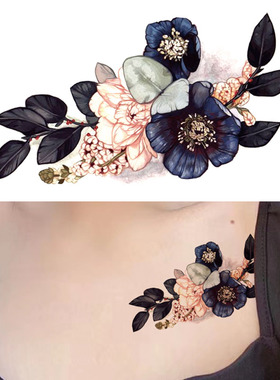枝爷山茶花纹身贴黑色花朵深色防水持久花卉高贵典雅中国风刺青