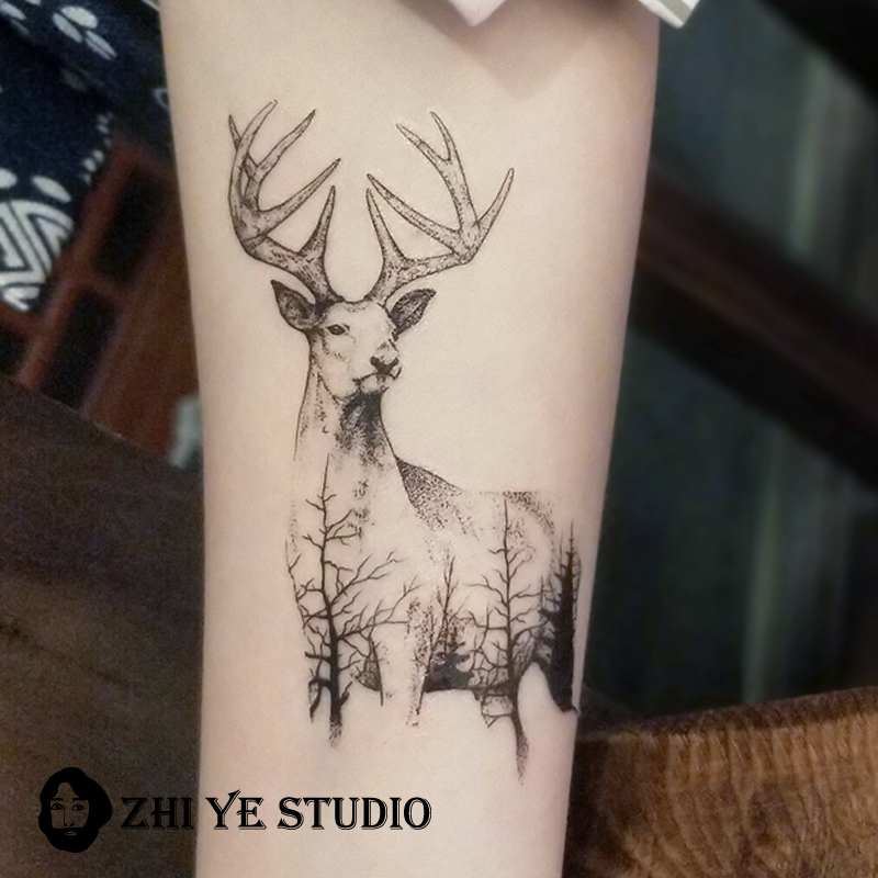 枝爷麋鹿森林纹身贴雄鹿鹿角帅气男生树林小臂简约意象细腻手绘