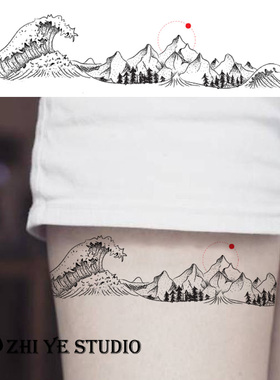 枝叶海平线纹身贴山水海浪大海落日日式风格刺青花臂臂环大腿