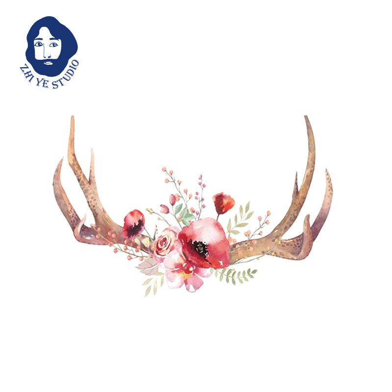 枝爷原创森林赞歌淡彩鹿角花朵纹身贴锁骨防水少女小清新森系梦幻