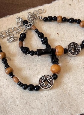 复古铜钱串珠手链女款新中式国潮ins小众设计感闺蜜情侣手饰