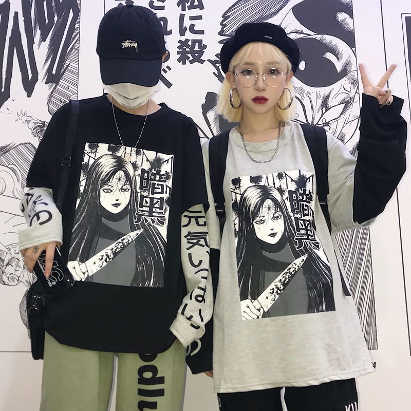 元气少女 原宿风暗黑系INS同款漫画日文字印花拼接假两件情侣卫衣