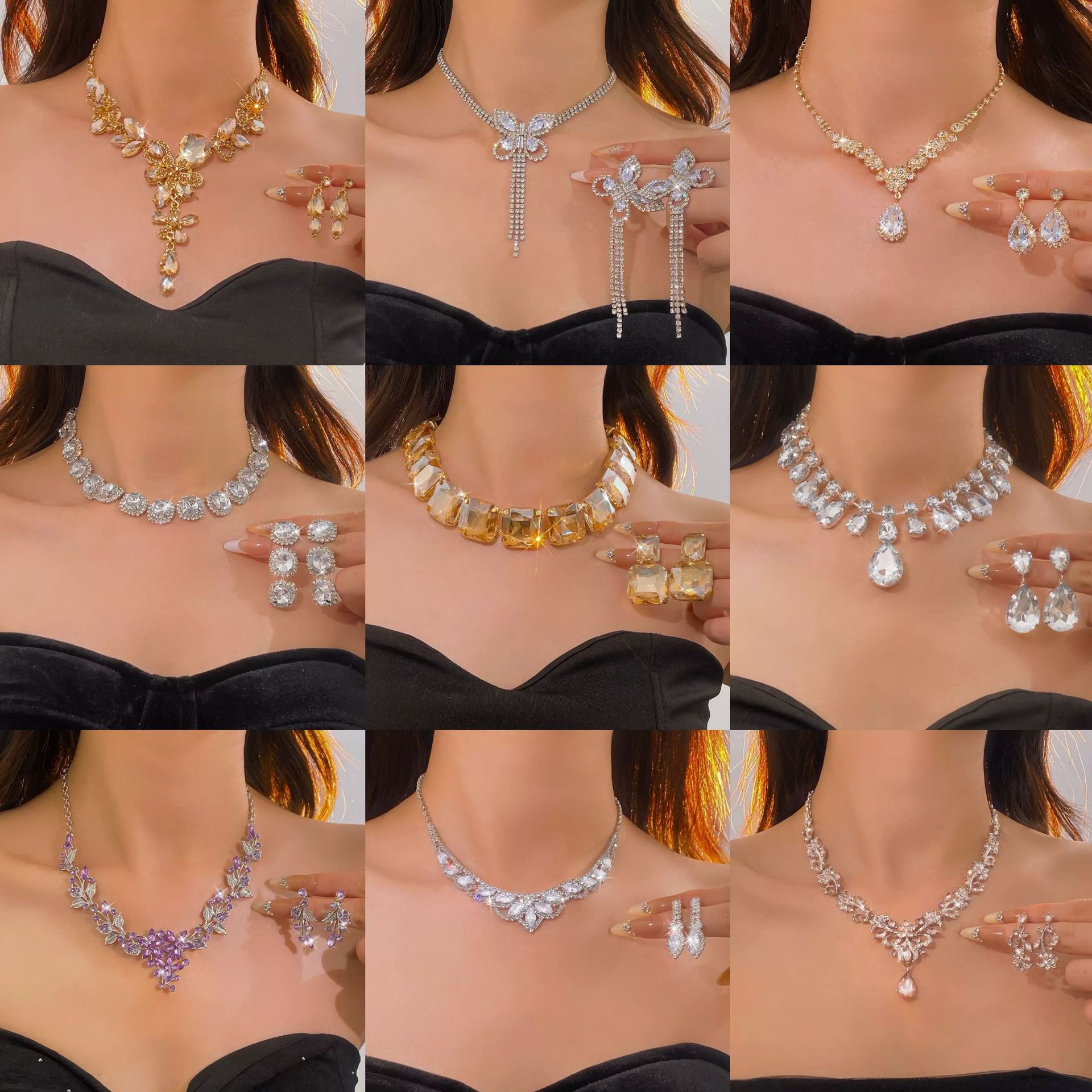 卢浮宫同款项链镶钻水滴吊坠流苏耳环项链套装时尚百搭气质锁骨链