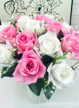 18头三角卷边仿真玫瑰花束家居装饰插花摆件节日婚庆道具假花