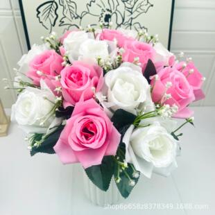 18头三角卷边仿真玫瑰花束家居装饰插花摆件节日婚庆道具假花