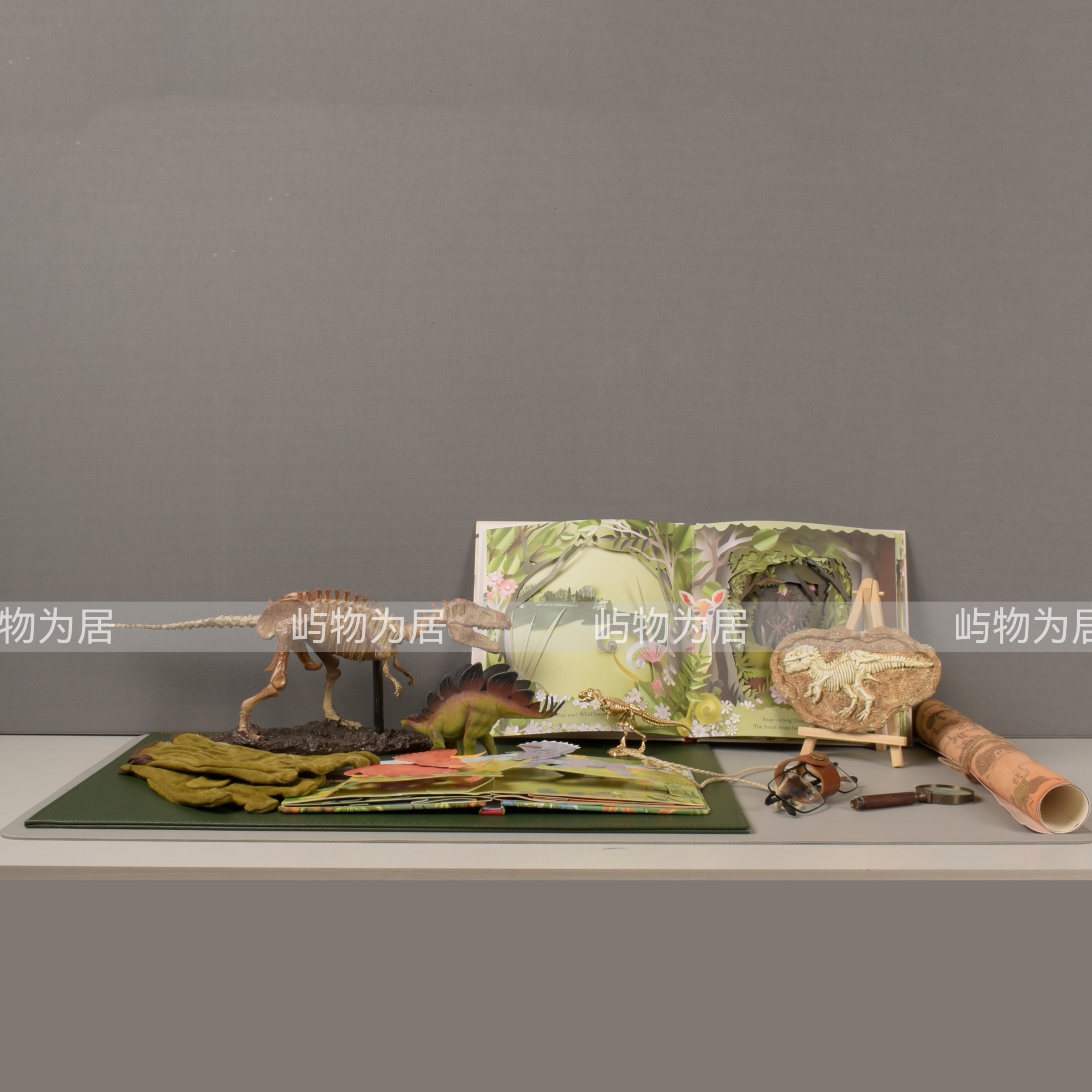 屿物为居 现代样板间儿童房书桌书架书桌恐龙化石探险装饰品摆件