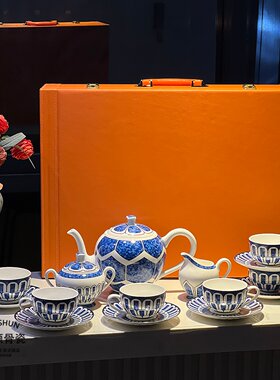 欧式H家蓝之印骨瓷咖啡杯咖啡壶套装蓝白几何图案茶具礼盒装高档