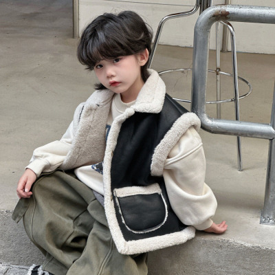 男童羊羔毛马甲外套2025秋冬新款皮毛一体加厚保暖背心坎肩马夹潮