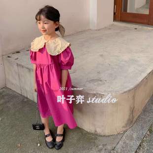 韩版儿童裙子夏季新款女童撞色大翻领紫色纯棉连衣裙公主裙