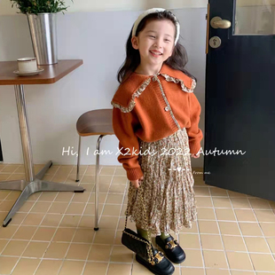 韩版儿童上衣22秋季新女童洋气复古碎花镶边毛衣开衫线衣外套套装