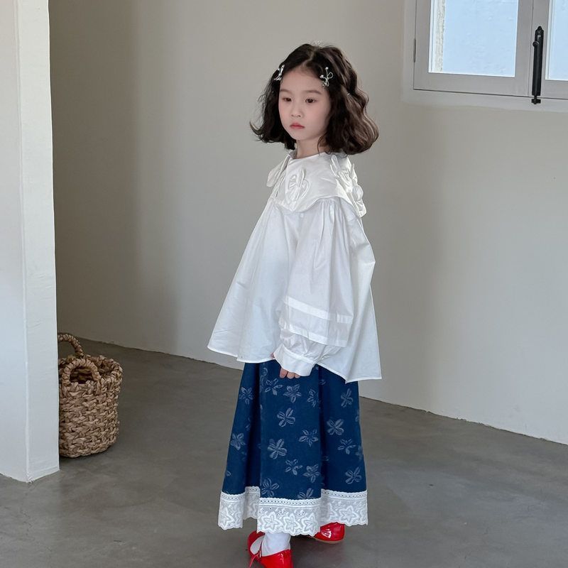韩版儿童衬衫25春款女童纯色大翻领花朵衬衣休闲宽松荷叶领上衣