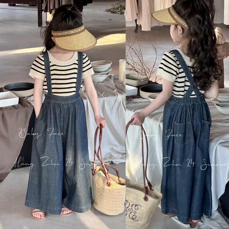 韩版儿童裤子25夏女童洋气条纹冰丝背心牛仔背带裤阔腿裤休闲长裤