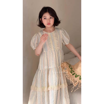 lovi又鱼韩版儿童裙子26夏季新款森系棉布宫廷风中长款短袖连衣裙
