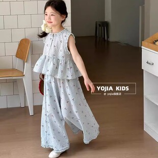 儿童两件套女童套装 新款 韩版 夏季 子 甜美洋气大童樱桃上衣阔腿裤 裤