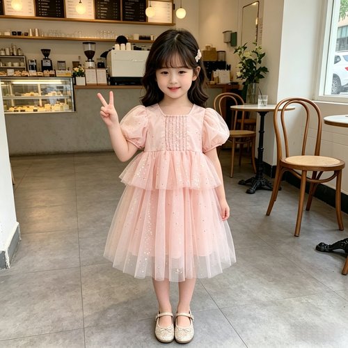 LOVI夏季甜美小方领儿童公主裙
