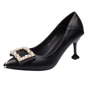 全细跟高跟单鞋女新款水钻中跟时尚百搭职业工作鞋!