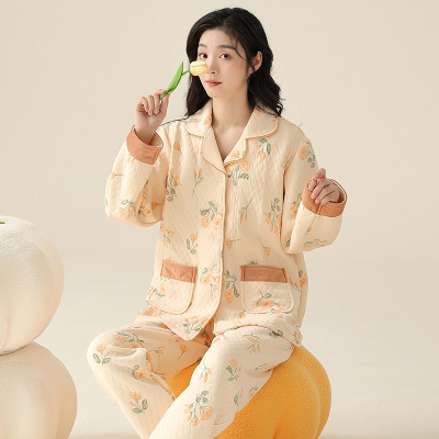 纯棉女士保暖睡衣套装长袖长裤居家服夹层空气棉秋冬加厚家居服
