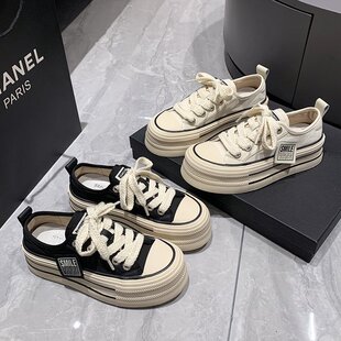 帆布鞋皮里低帮增高松糕百搭圆头系带平底帆布鞋休闲板鞋女鞋