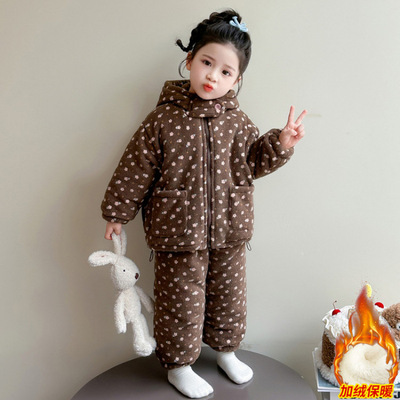 女童睡衣三层夹棉2025新款秋冬季珊瑚绒家居服套装简约款潮