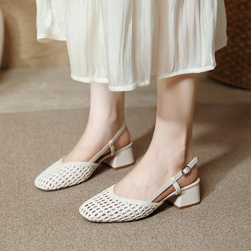 法式透气镂空编织包头凉鞋