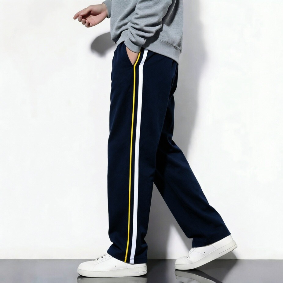 春夏深藏青黑镶黄细杠白边条校裤同款休闲裤男女童大码运动裤