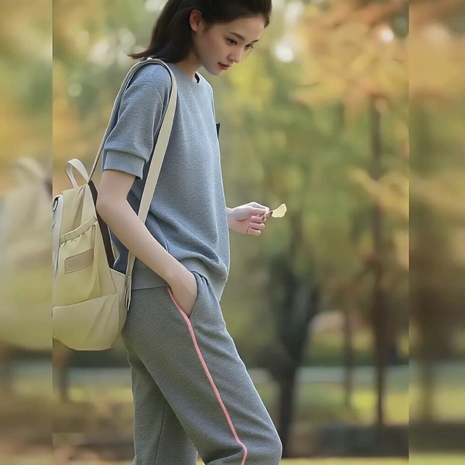 春夏秋季女童裤子灰色镶粉色细条运动裤大童薄款少女休闲裤女