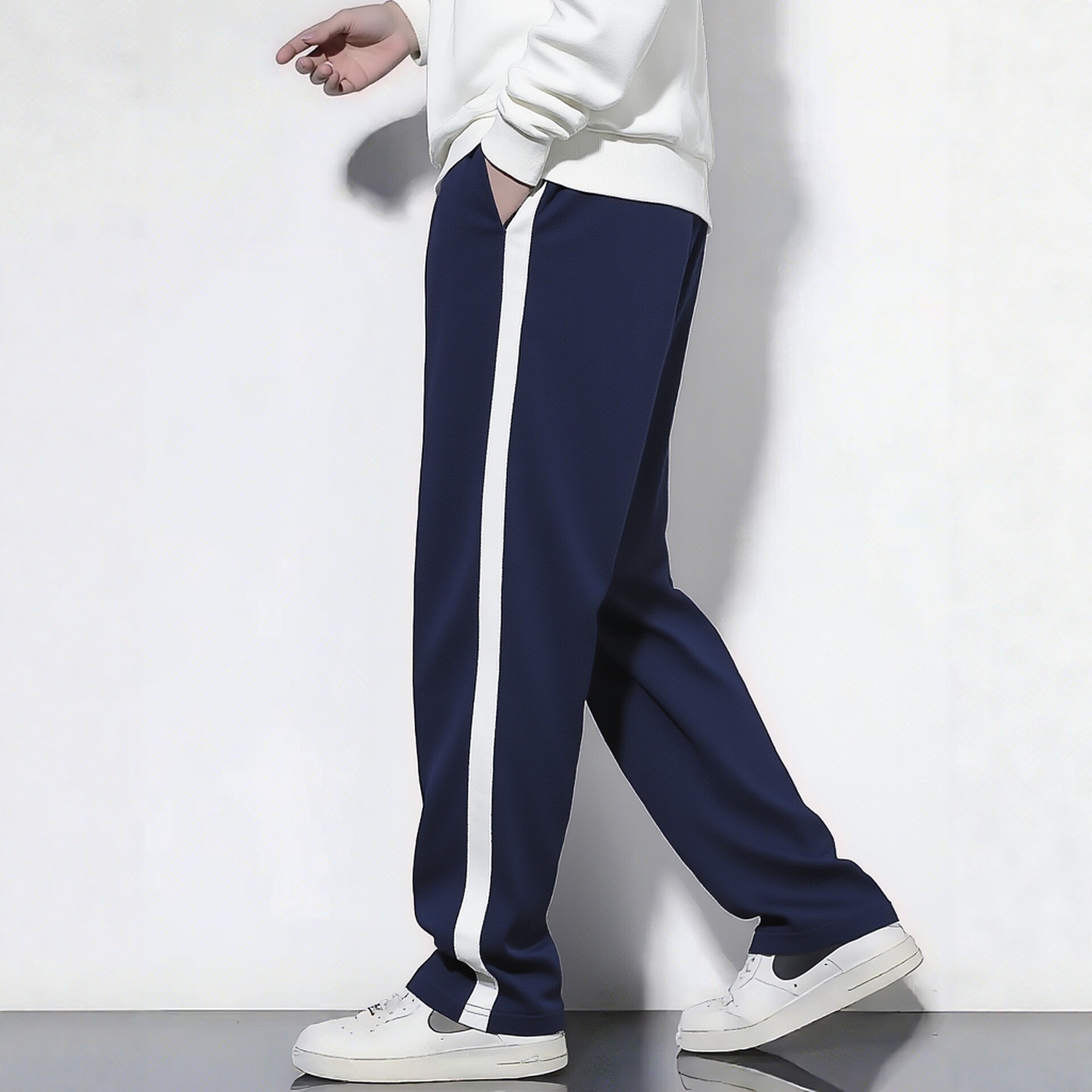 春夏秋全棉藏青侧面加2厘米白杠条校裤同款男女童运动裤学生长裤