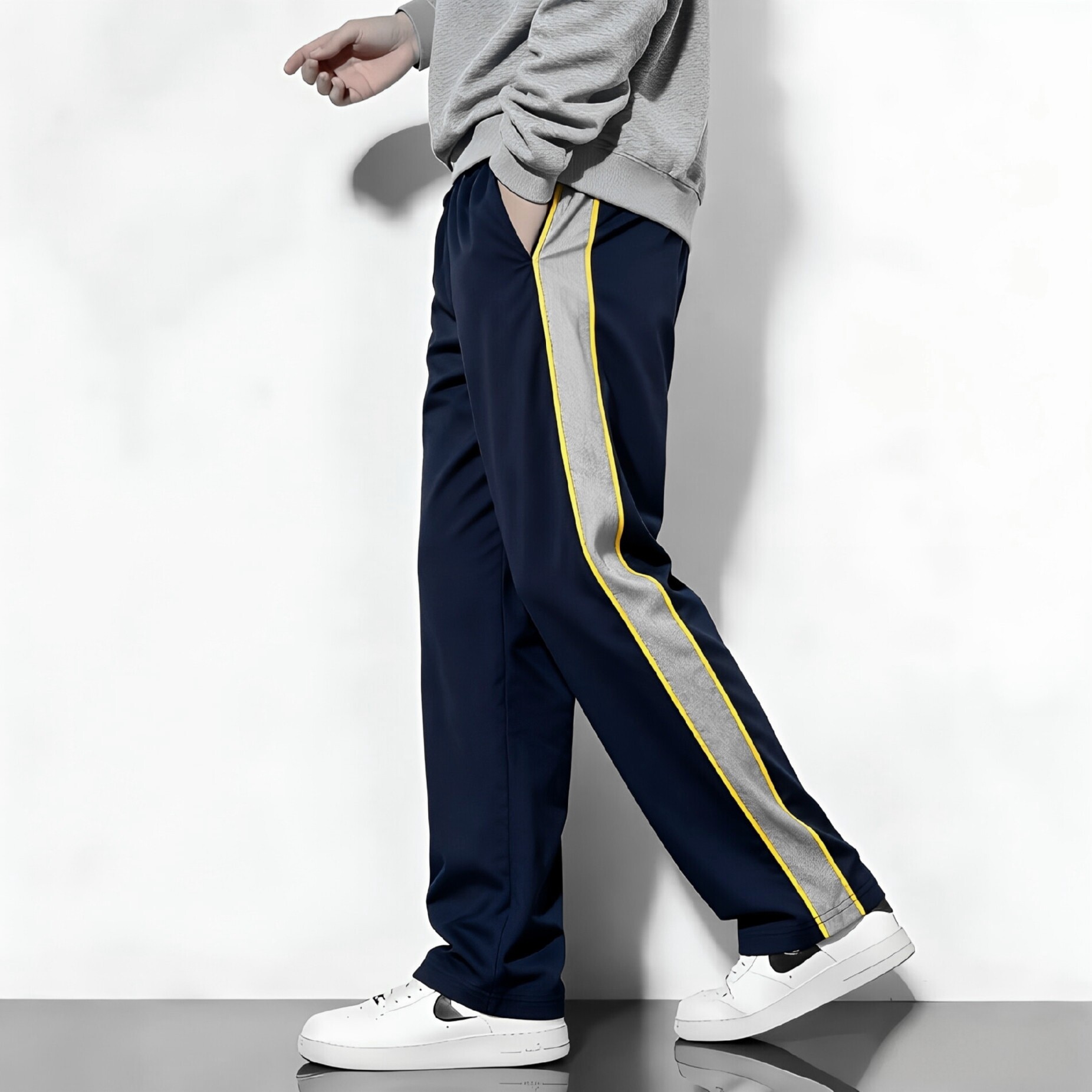 温州育英学校校服同款春夏秋藏青镶灰宽两侧黄细边全棉运动裤直筒