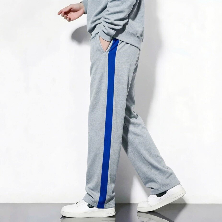 定制春夏秋校服裤浅灰全棉镶宝蓝宽边男女休闲裤儿童校服裤运动裤