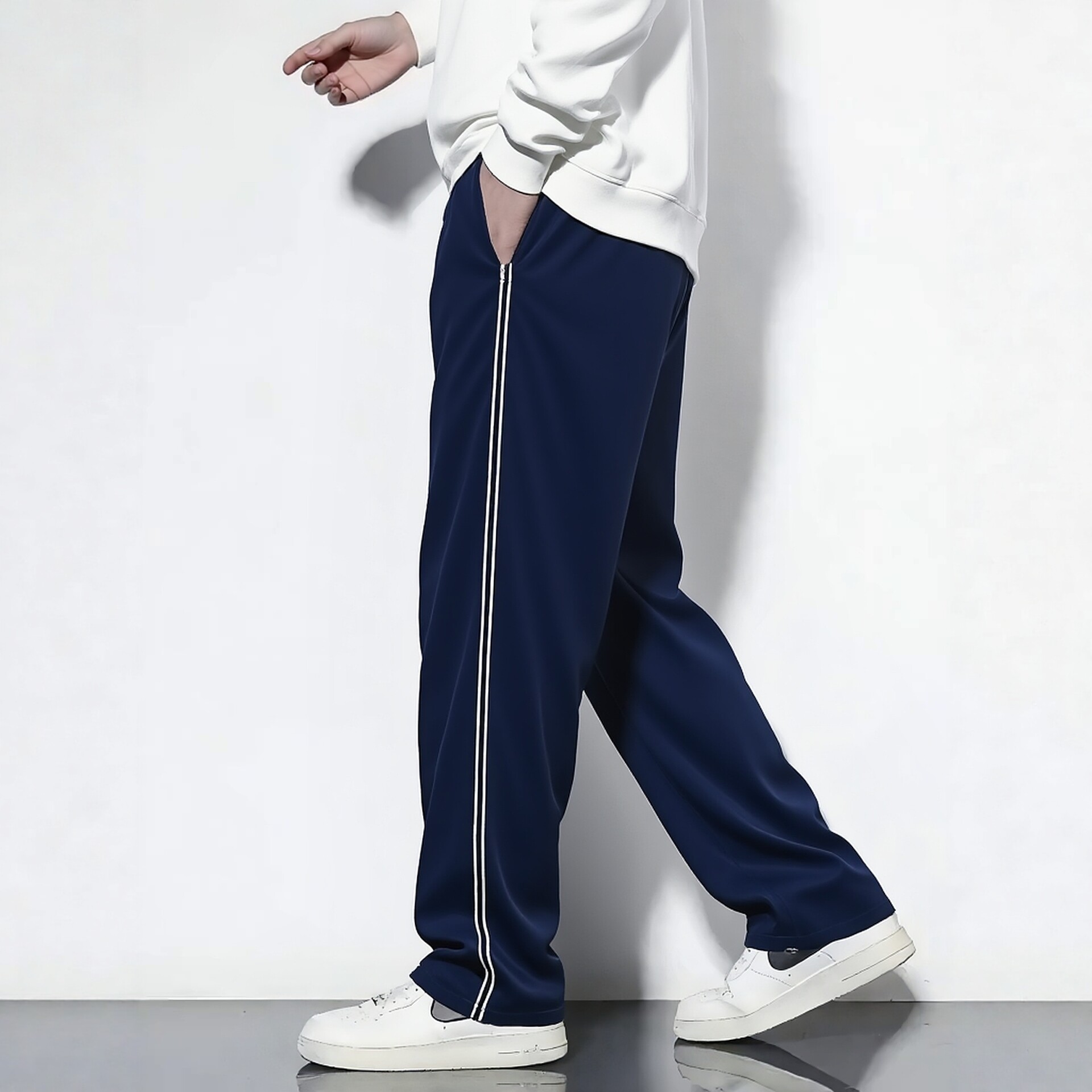 定制春夏薄款深藏青色镶双白细休闲裤男女运动裤童裤学生校服裤